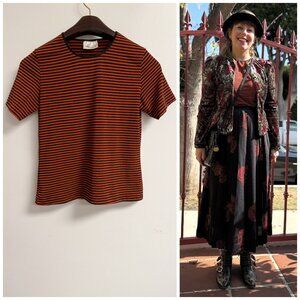 Vintage 90s Kathie Lee Striped Short Sleeve T Shirt Red Black Spandex Medium